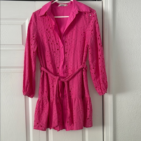 Pink Eyelet Long Sleeve Dress - Picture 1 of 4